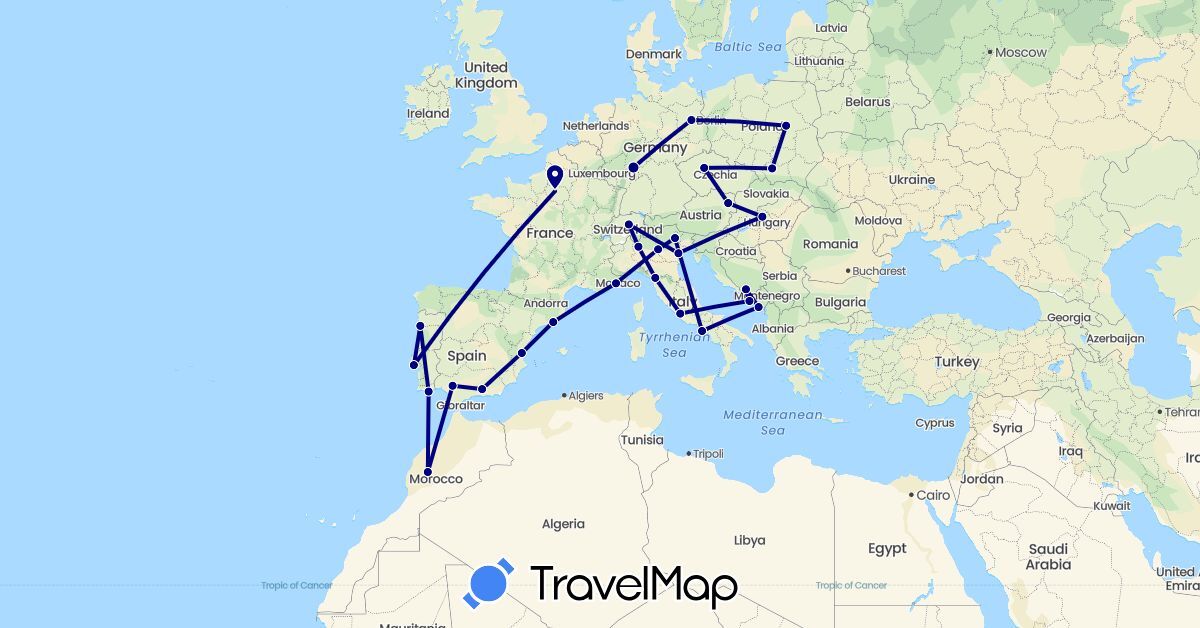 TravelMap itinerary: driving in Austria, Bosnia and Herzegovina, Switzerland, Czech Republic, Germany, Spain, France, Croatia, Hungary, Italy, Morocco, Montenegro, Poland, Portugal (Africa, Europe)